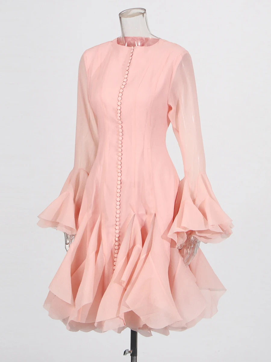 TWOTWINSTYLE Pink Patchwork Ruffle Dress For Women Round Neck Flare Sleeve High Wait Slim Elegant Midi 107CM Dress Female 2025