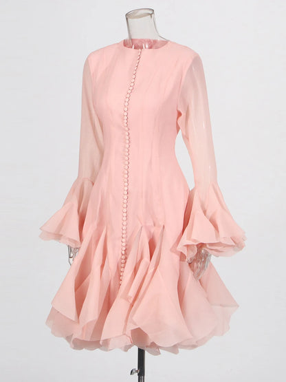 TWOTWINSTYLE Pink Patchwork Ruffle Dress For Women Round Neck Flare Sleeve High Wait Slim Elegant Midi 107CM Dress Female 2025