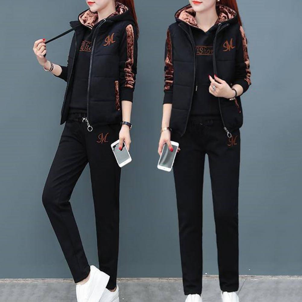3Pcs/Set Simple Waistcoat Hoodie Pants Patchwork Color Women Tracksuit Multi Pockets Cold Resistant