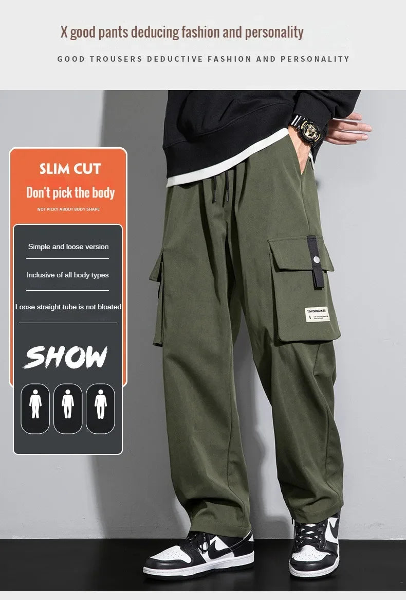 2025 Cargo Pants Men Straight Fit Wide Leg Fleece Lined Trouser Male Winter Fashion Loose Baggy Large Plus Size Warm Streetwear