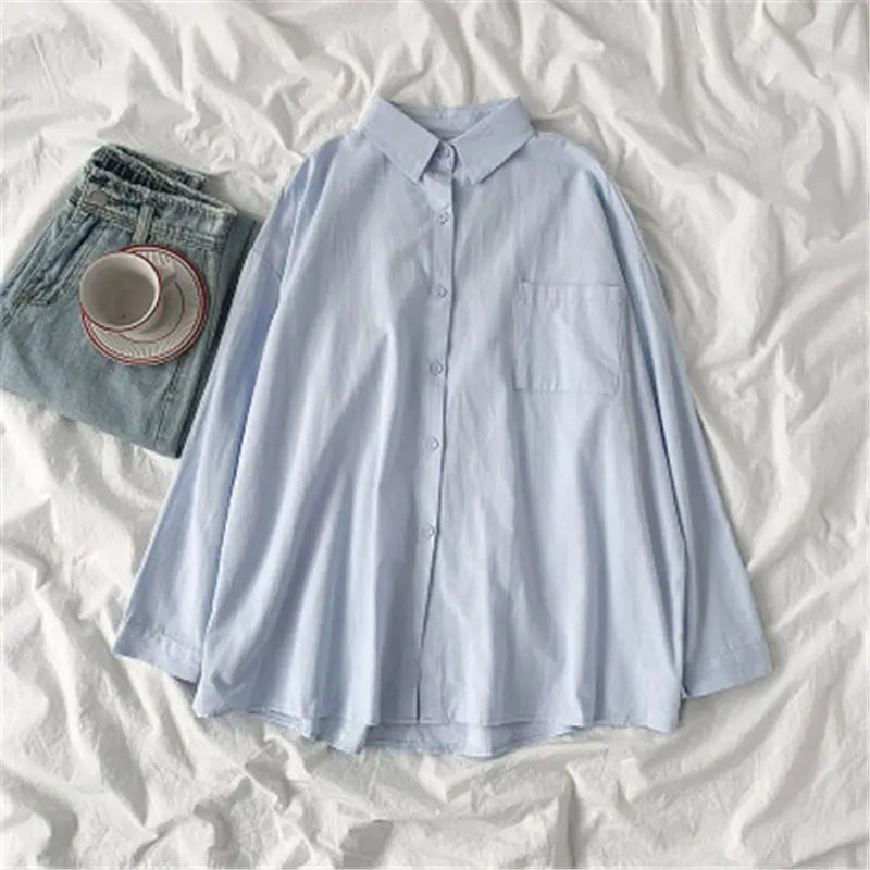 Solid White Shirt Women Casual Turn Down Collar Long Sleeve Pocket Women's Tops And Blouses Spring Office Lady Plus Size Shirts
