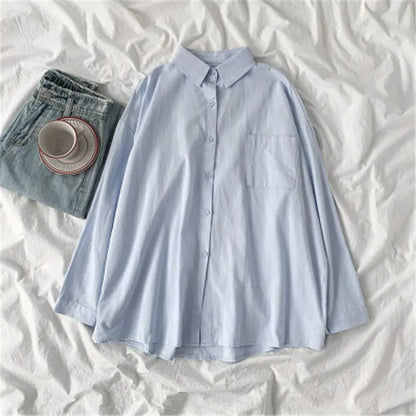 Solid White Shirt Women Casual Turn Down Collar Long Sleeve Pocket Women's Tops And Blouses Spring Office Lady Plus Size Shirts