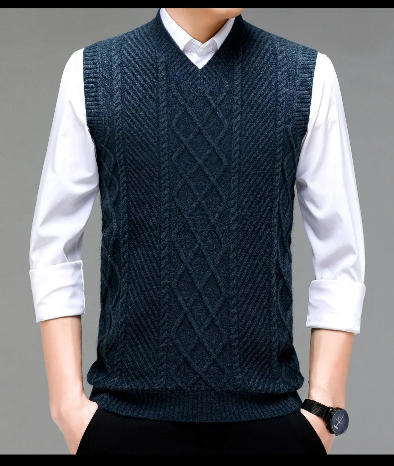 Stylish V-neck Jacquard Knit Sleeveless Sweater Vest for Men Middle-aged Men Fashion Solid Color Warm Top