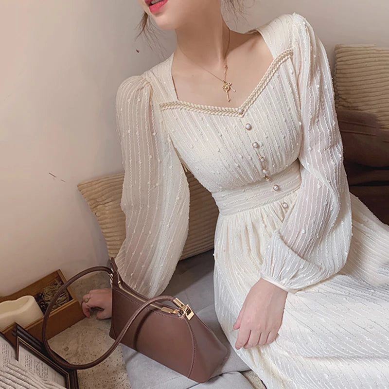 2026 Summer New Women Fashion Elegant White Midi Dresses Vintage Princess Female Party A Line Clothes Prom Robe Vestdios