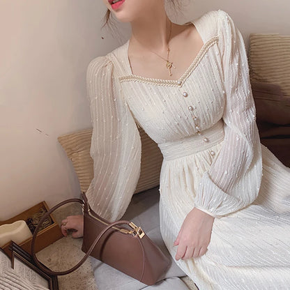 2026 Summer New Women Fashion Elegant White Midi Dresses Vintage Princess Female Party A Line Clothes Prom Robe Vestdios