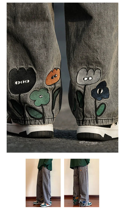 New Men's Y2K Flower Printed Baggy Jeans 2026 Streetwear American Casual Denim Wide-leg Pants Hombre Vintage Straight Trousers
