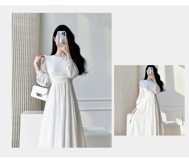 Lace Long Sleeves White Midi Dresses for Women 2026 New Autumn French Elegant Fashion Evening Wedding Party Robe Female Clothing