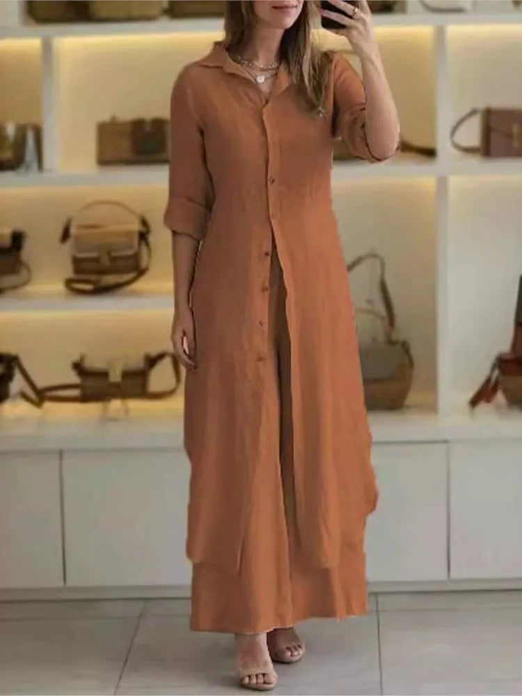 2025 New Product Women's Summer And Autumn Urban Elegant Cotton Hemp Slimming Waist Long Shirt Wide Leg Pants Two Piece Set