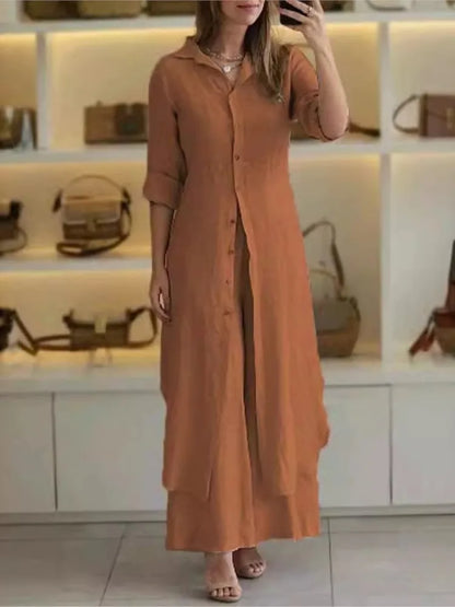 2025 New Product Women's Summer And Autumn Urban Elegant Cotton Hemp Slimming Waist Long Shirt Wide Leg Pants Two Piece Set