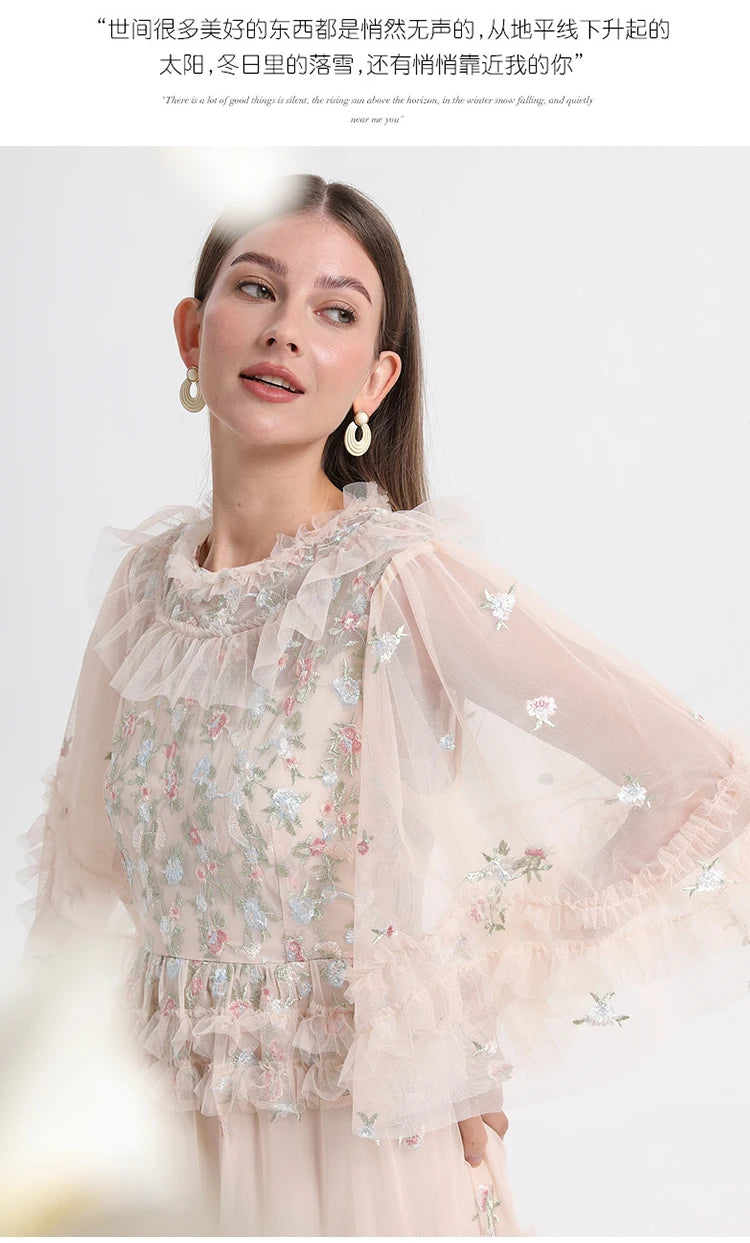 Runway Luxury Long Dresses Women 2025 Summer Holiday Embroidery Flower Ruffles Midi Party Evening Dress Lady Prom Vestidos