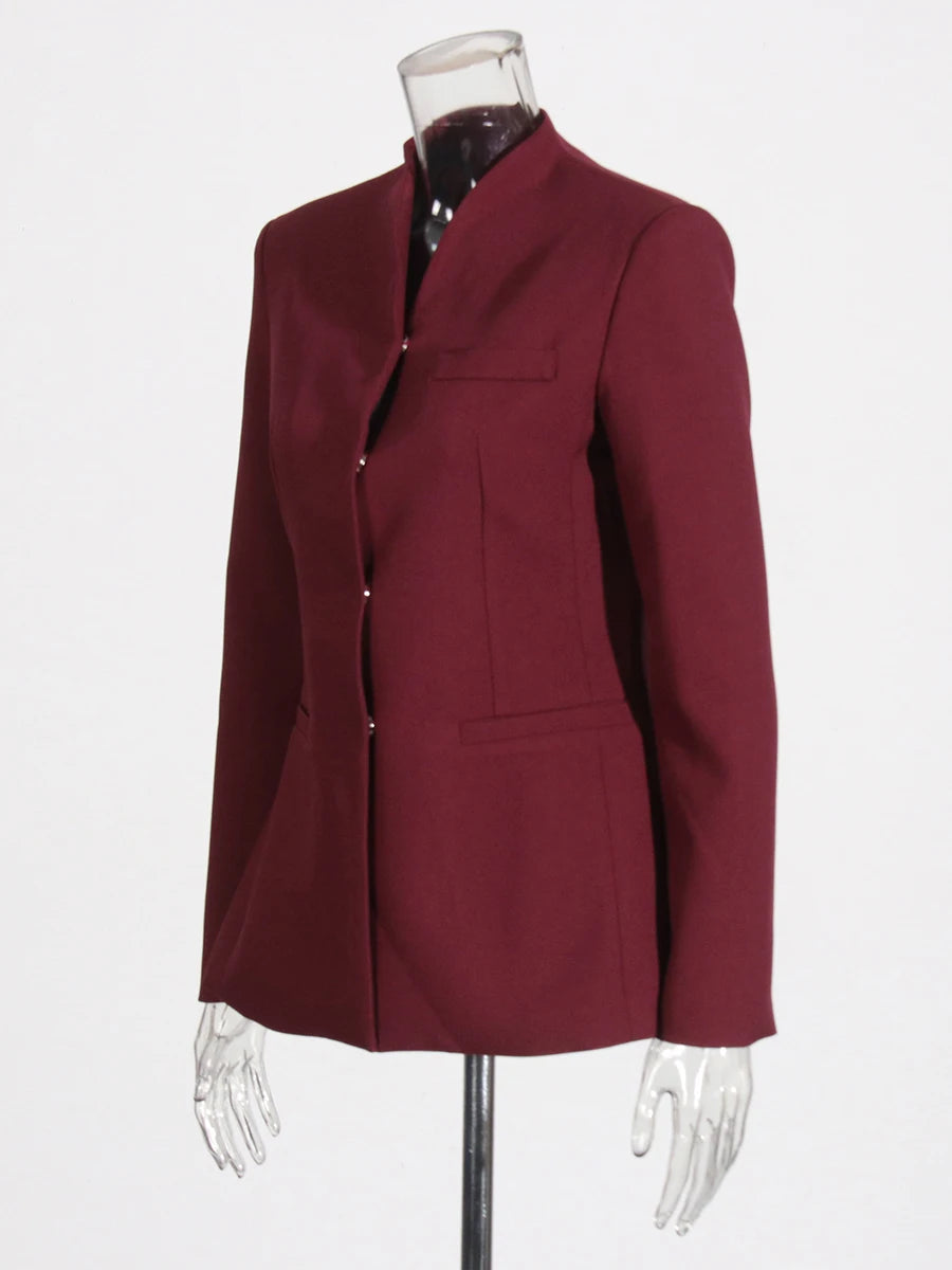 TWOTWINSTYLE Solid Two Piece Set For Women Stand Collar Long Sleeve Tops High Waist Spliced Button Long Pants Fashion Set Female