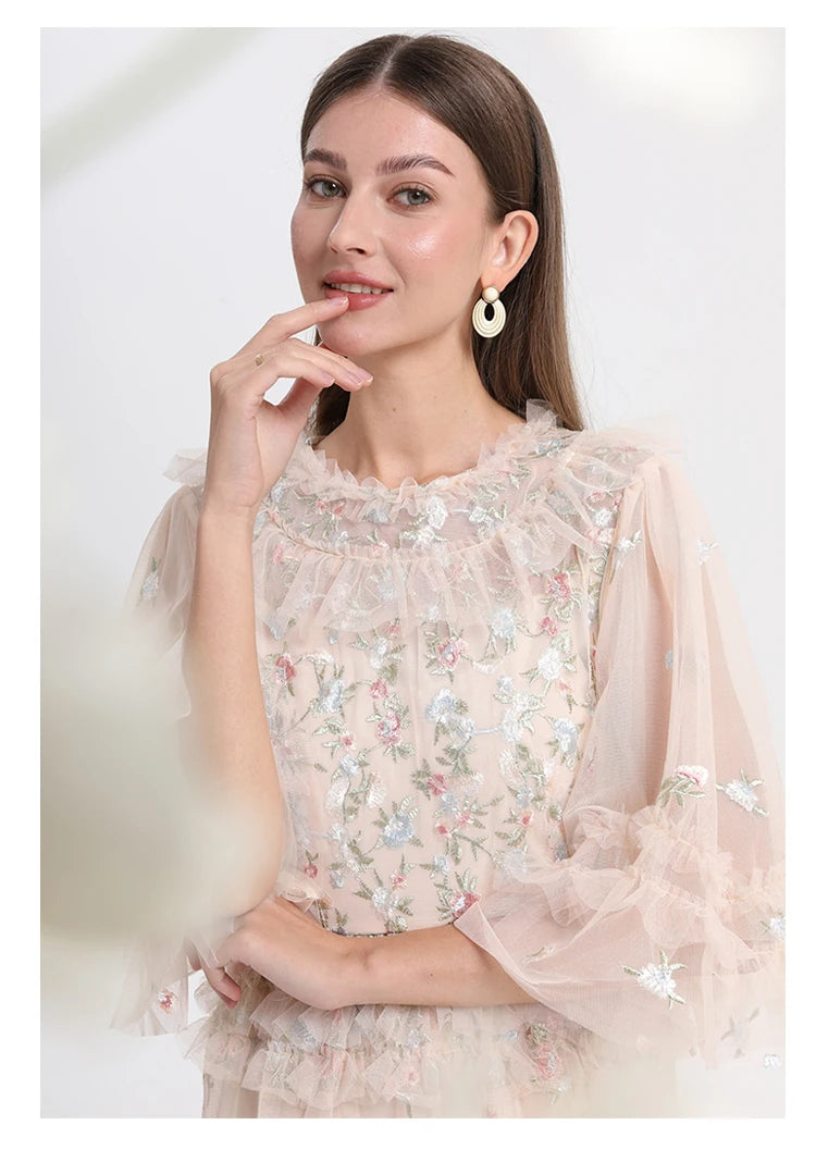 Runway Luxury Long Dresses Women 2025 Summer Holiday Embroidery Flower Ruffles Midi Party Evening Dress Lady Prom Vestidos