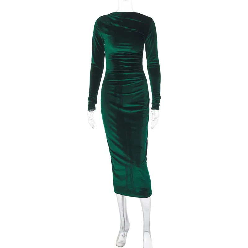 BWQ 2026 Spring Summer Velvet Long Sleeve Midi Dress For Women Ruched Long Dress Elegant Party Clothes Evening Green Outfits