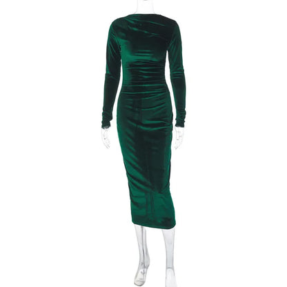 BWQ 2026 Spring Summer Velvet Long Sleeve Midi Dress For Women Ruched Long Dress Elegant Party Clothes Evening Green Outfits