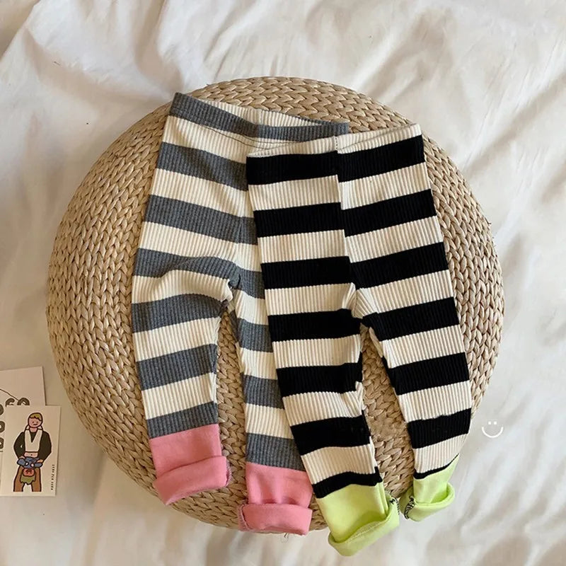 New Spring Autumn Girl Baby Fashion Striped Leggings Boy Infant Splicing Ribbed Casual Pants Newborn Cotton Trousers Kid Clothes