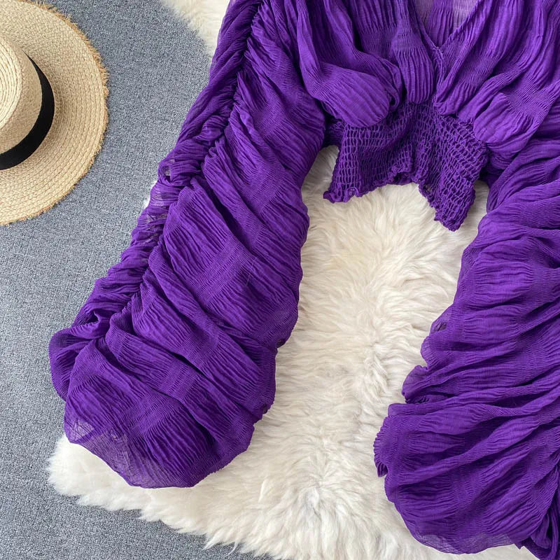 Women Sexy Chiffon Short Blouse Female See Through Super Long Sleeve Purple/Green/Black/White Folds Party Tops 2026 New