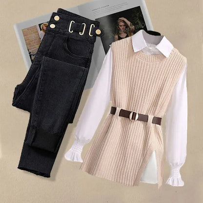 2026 Autumn Increased Size Korean Popular Chiffon Shirt Knitted Sweater Jeans Three Piece Elegant Women's Pants Set Tracksuit