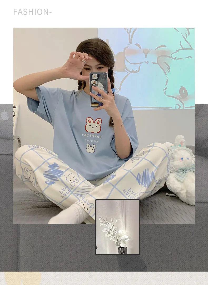 New Pajama Cartoon Cotton Pajamas for Women Summer Short Sleeved Long Pants Sleepwear Korean Fashion Rabbit Print Home Clothing