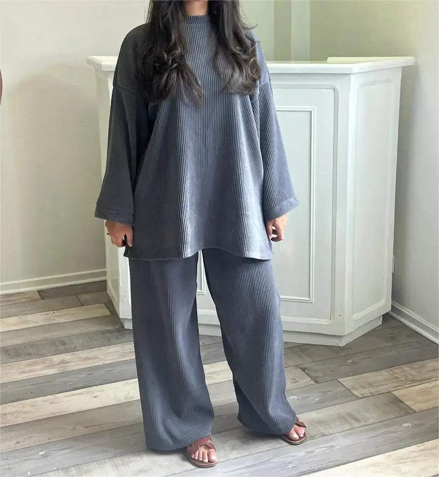 Spring Autumn Solid Color Corduroy Pants Sets Women Loose Long Sleeve Wide Legs Trousers Two Piece Set Female Commuting Clothing