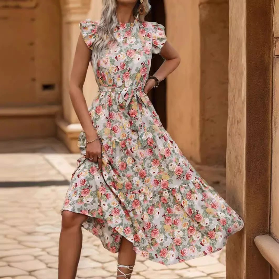 Elegant Floral Prints Dresses For Summer Women Dress 2026 New O-neck Short Flying Sleeves Lace Up High Waisted Midi Dress Woman