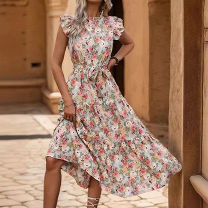 Elegant Floral Prints Dresses For Summer Women Dress 2026 New O-neck Short Flying Sleeves Lace Up High Waisted Midi Dress Woman