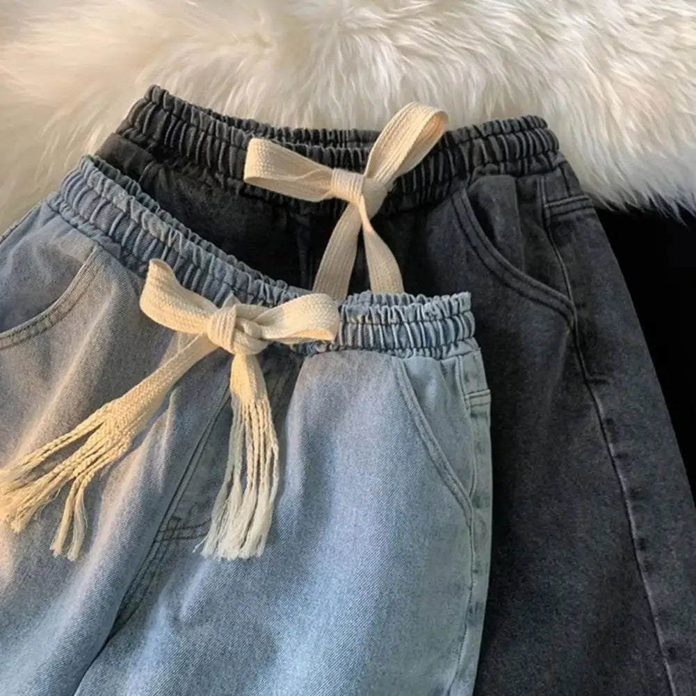 Men Wide-leg Denim Shorts Men's Quick-drying Denim Beach Shorts With Elastic Drawstring Waistband Pockets Summer Wide Leg Shorts