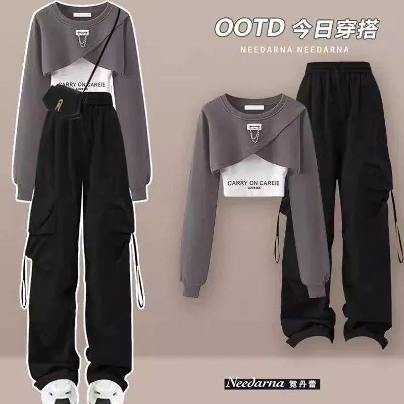 Spring and Autumn Set Women's 2026 Korean Loose Fashion Top Casual Work Pants Age Reducing Three Piece Set