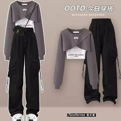 Spring and Autumn Set Women's 2026 Korean Loose Fashion Top Casual Work Pants Age Reducing Three Piece Set
