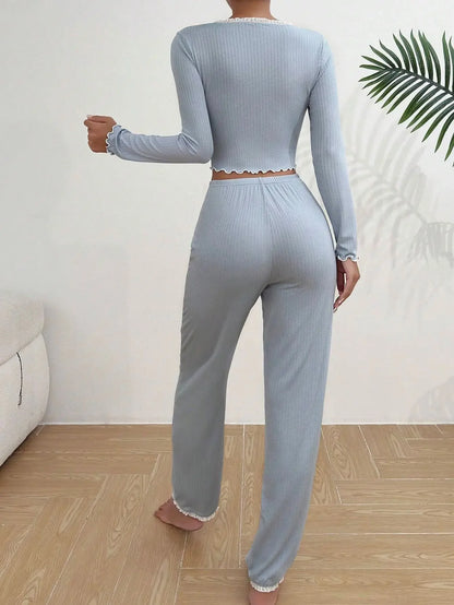 2025 Autumn Winter Home wear Pajamas Set for Women Long Sleeves Shirt Trousers 2 Pieces Sexy Lace Pajamas Sleepwear Loungewear