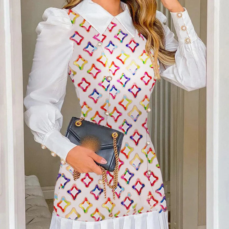 Women's Dresses 2026 Spring Fashion Houndstooth Button Decor Puff Sleeve Ruffle Hem Elegant Turn-Down Collar Daily A Line Dress