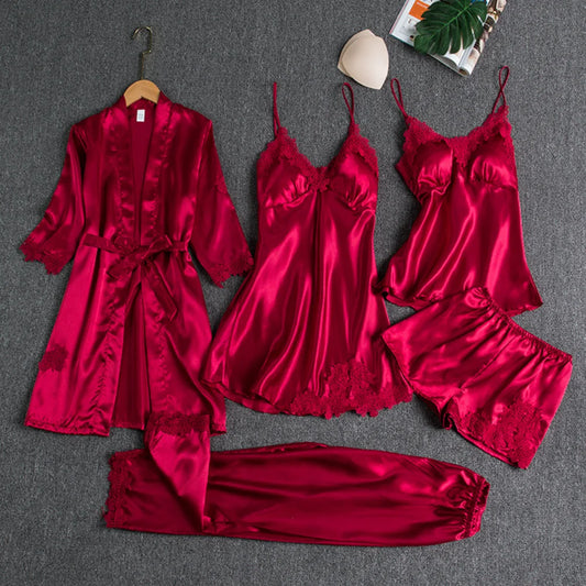 5PC Silk Robe Sleep Suit Women's Lace Satin Pajamas Gown Set V-Neck Cami Nighties Wear Pajama Home Nightwear Spring Nightdress