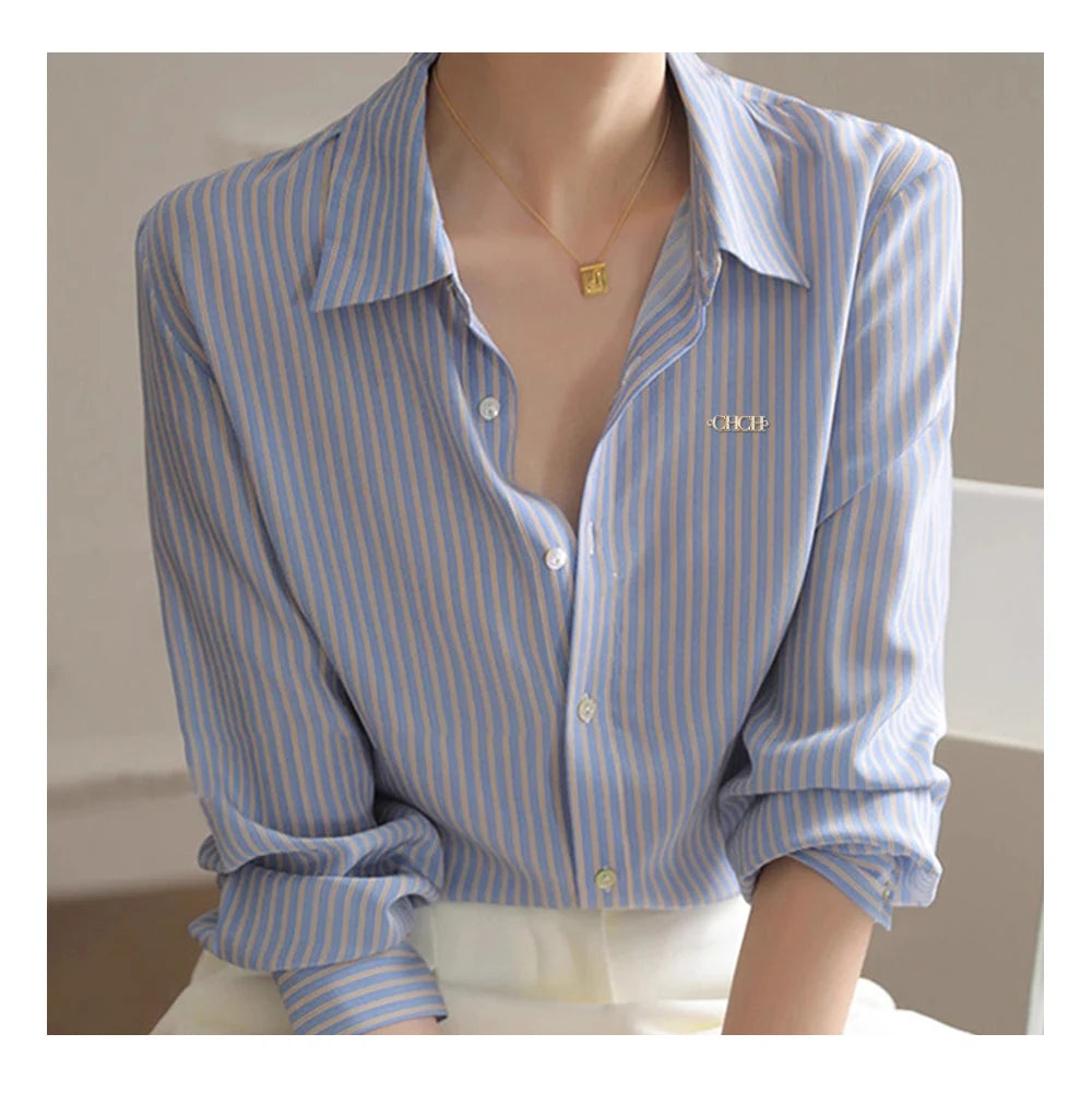 Women's Shirt New Popular Classic High Grade Female Long Sleeved Shirt Vintage Elegant Stripe Versatile Office Lady Fashion Tops