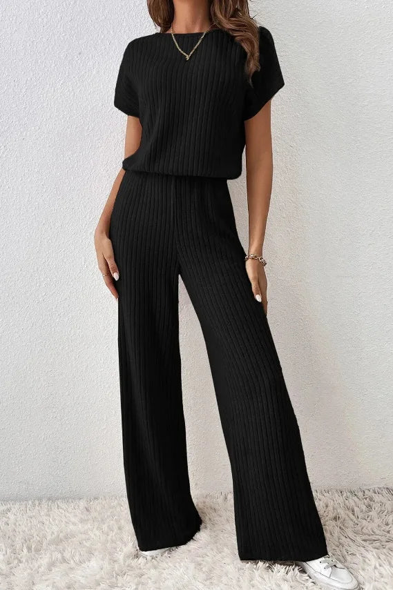 Women Spring Autumn New Collection Solid Color Fine Pit Strip Fashion Shoulder Short Sleeve Knitted Set Top Pants Two Piece Set