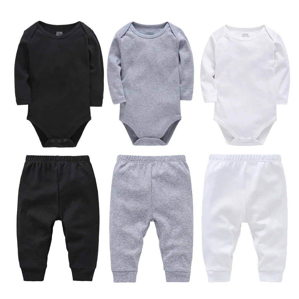Muslin Plain 2 Pieces Baby Clothing Set Baby Boys Romper With Pants Black Grey White Kids Jumpsuit Blank For Newborn Gift Set