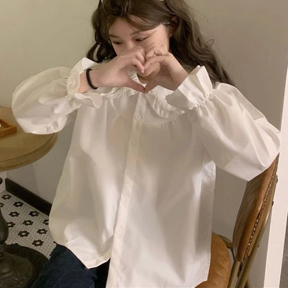 Gidyq Vintage Women White Shirt Preppy Style Fashion Elegant Female Long Sleeve Blouse Y2K Sweet Kawaii All Match Shirts