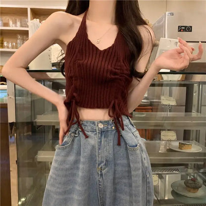 Women's Spring Vintage Hollow Stripe Long Sleeved Knitwear+ Strap+ Cargo Pants Suit Korean Elegant Sweater Trousers Matching Set