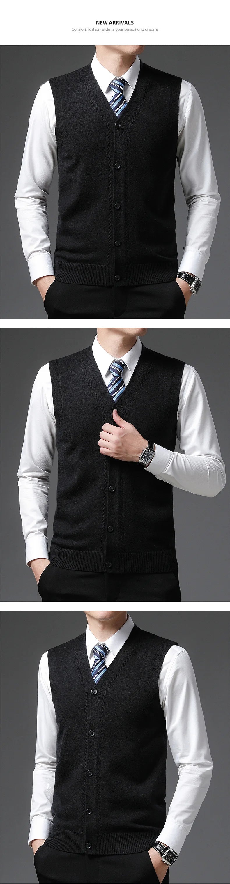 2026 Men's New Autumn and Winter Vest Young Casual Warm Knit Sleeveless Base Shirt Solid Color Jacquard Cardigan Vest