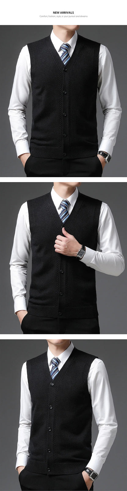 2026 Men's New Autumn and Winter Vest Young Casual Warm Knit Sleeveless Base Shirt Solid Color Jacquard Cardigan Vest