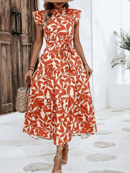 Elegant Women's Flower Midi Dress New Summer Fashion Stand Collar Flying Sleeve Lace Up Dress Casual Beach Holiday Dresses Robe
