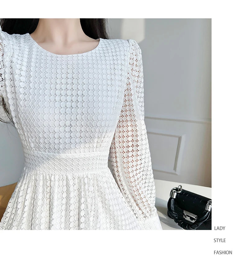 Lace Long Sleeves White Midi Dresses for Women 2026 New Autumn French Elegant Fashion Evening Wedding Party Robe Female Clothing