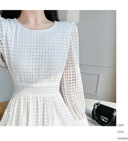 Lace Long Sleeves White Midi Dresses for Women 2026 New Autumn French Elegant Fashion Evening Wedding Party Robe Female Clothing