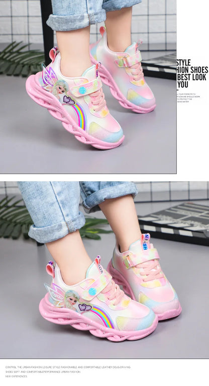 Disney Girls' Casual Shoes Led Lights Mesh Breathable Children's Sports  Princess Elsa Pink Purple Shoes Sneakers Size 22-37