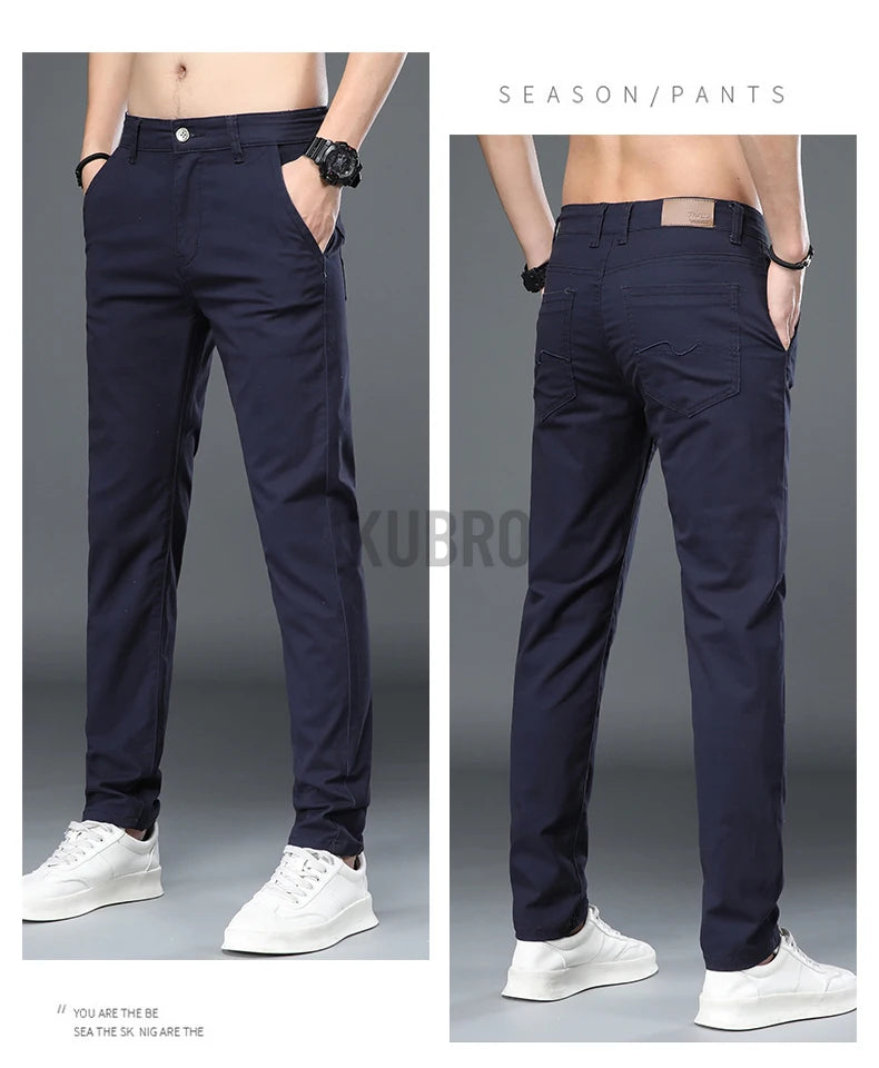 KUBRO Korean Style Cotton Soft Elastic Slim Straight Trousers Summer Thin Office Fashion Versatile Men's Business Casual Pants