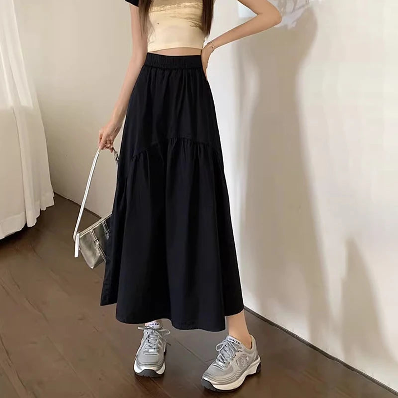 Spring Summer Women Chiffon Skirts Vintage High Waist Elastic Patchwork White Black Chic Long Cake A-line Skirt for Student