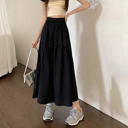 Spring Summer Women Chiffon Skirts Vintage High Waist Elastic Patchwork White Black Chic Long Cake A-line Skirt for Student