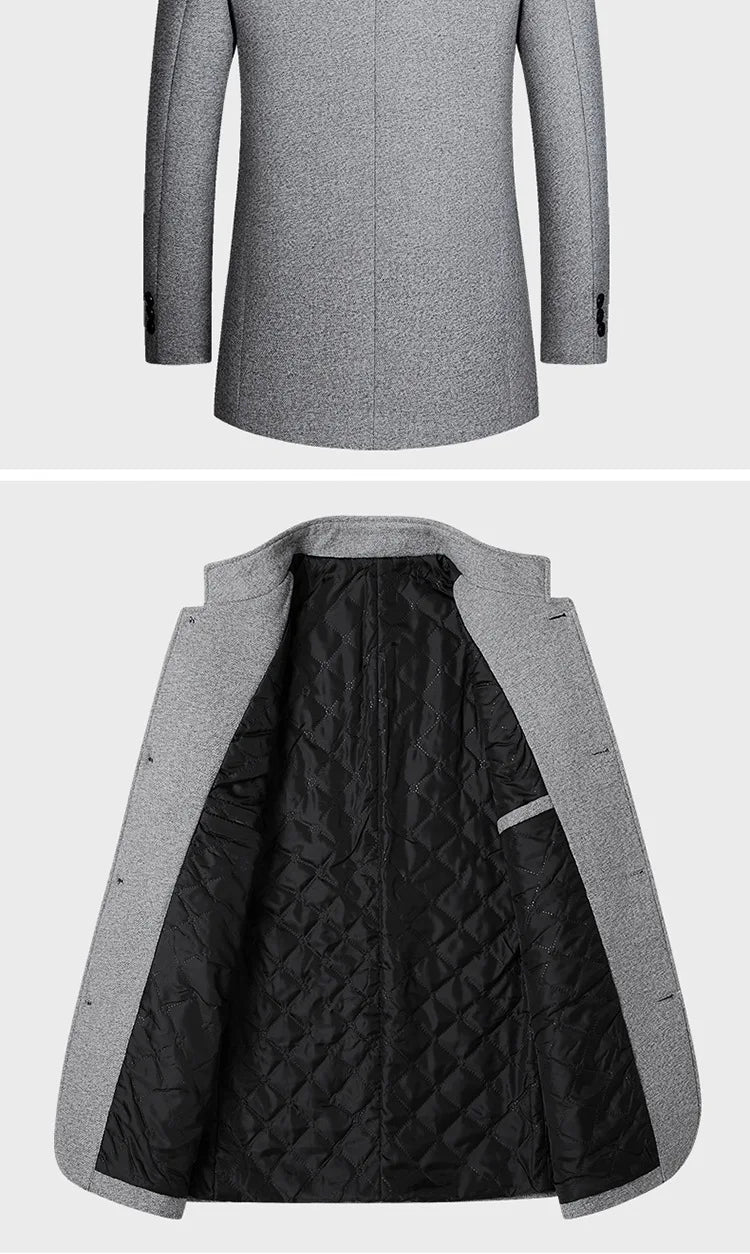 Men's Woolen Coat 2026 Autumn/Winter New Cotton Thickened Single Breasted Standing Collar Wool Blend Male Jacket