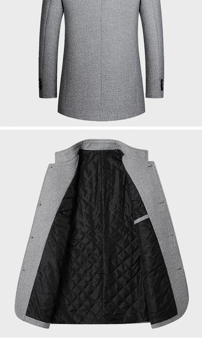 Men's Woolen Coat 2026 Autumn/Winter New Cotton Thickened Single Breasted Standing Collar Wool Blend Male Jacket
