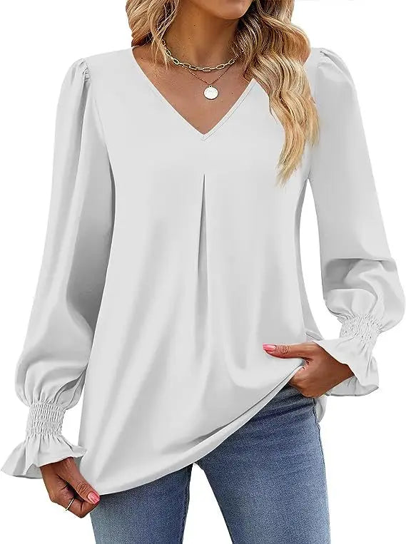 Women's New Solid Color Chiffon Shirt V-neck Pullover Flared Long Sleeved Top Shirt Office Lady Elegant Khaki Loose Blouse