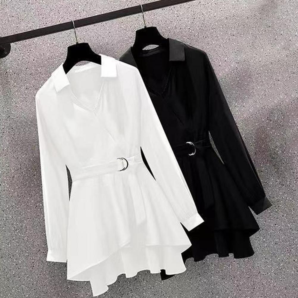 M-4XL Women's Shirt Lapel V Neck Long Sleeves Irregular Hem Plus Size Waist Tight Adjustable Belt Pullover Shirt Female Clothing