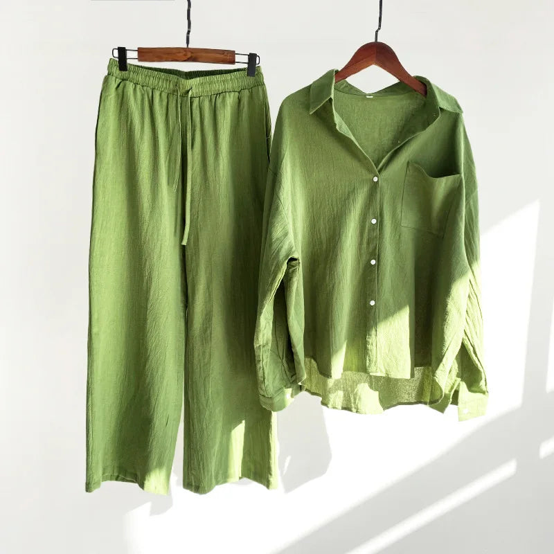 Loose Solid Color Cardigan Shirt Wide Leg Pants Women's 2-piece Set Of Retro Cotton Linen Shirt High Waist Long Pants Set Outfit